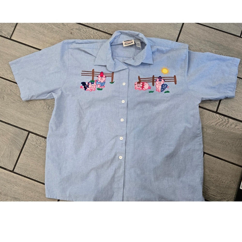 Separate Issue Woman Vintage Blue Embroidered Pig Farm Button Down Shirt 22W